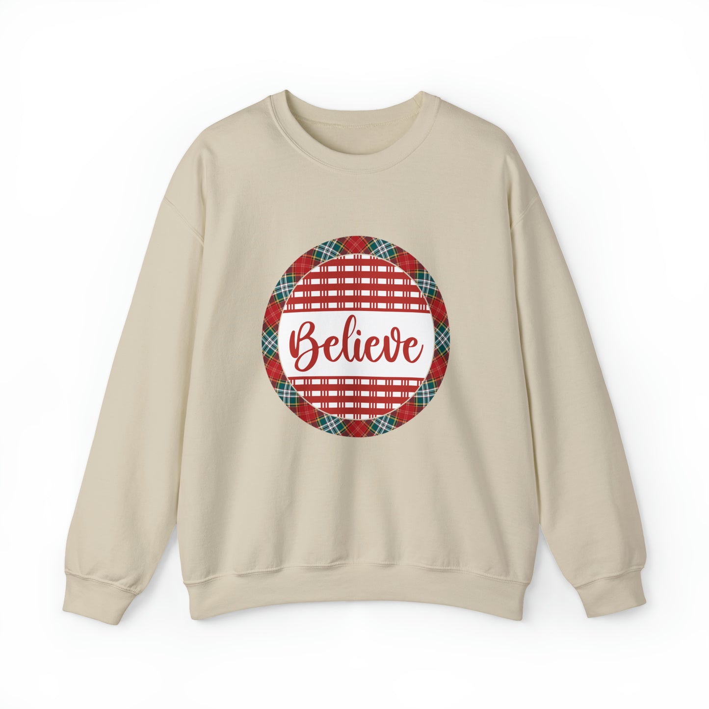 Christmas Believe Gildan Unisex Heavy Blend™ Crewneck Sweatshirt Plaid Round Image