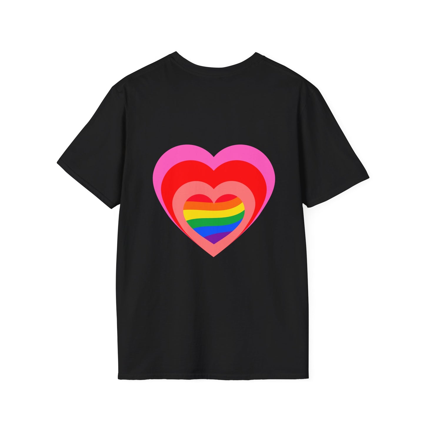 Hearts Rainbow Unisex Softstyle T-Shirt with Large Hearts on Back