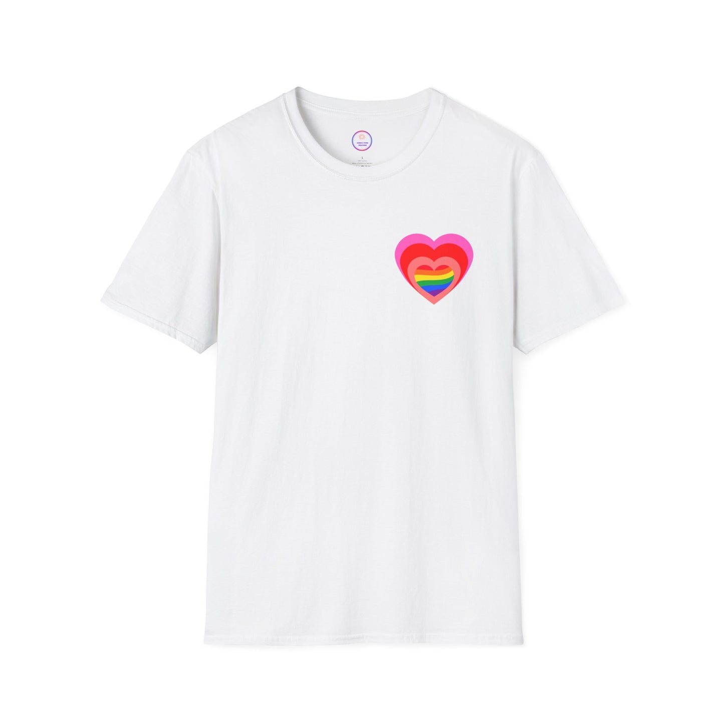 Hearts Rainbow Unisex Softstyle T-Shirt with Large Hearts on Back