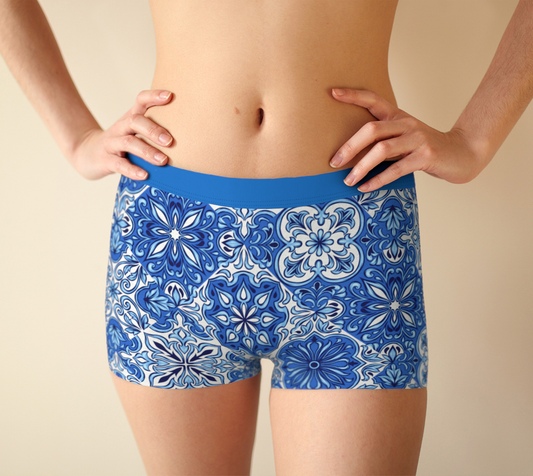 Boy Shorts Underwear Panties for Women Blue Tiles Portugese Mexican Mosaic  Boxer Briefs