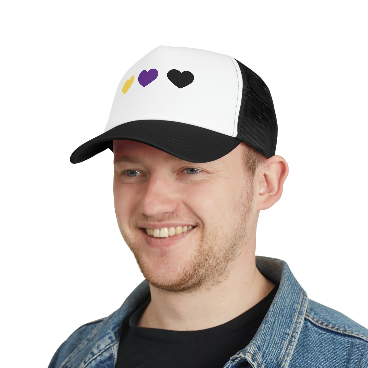 Trucker Hat Unisex Hearts Yellow Purple Black Non Binary Colors