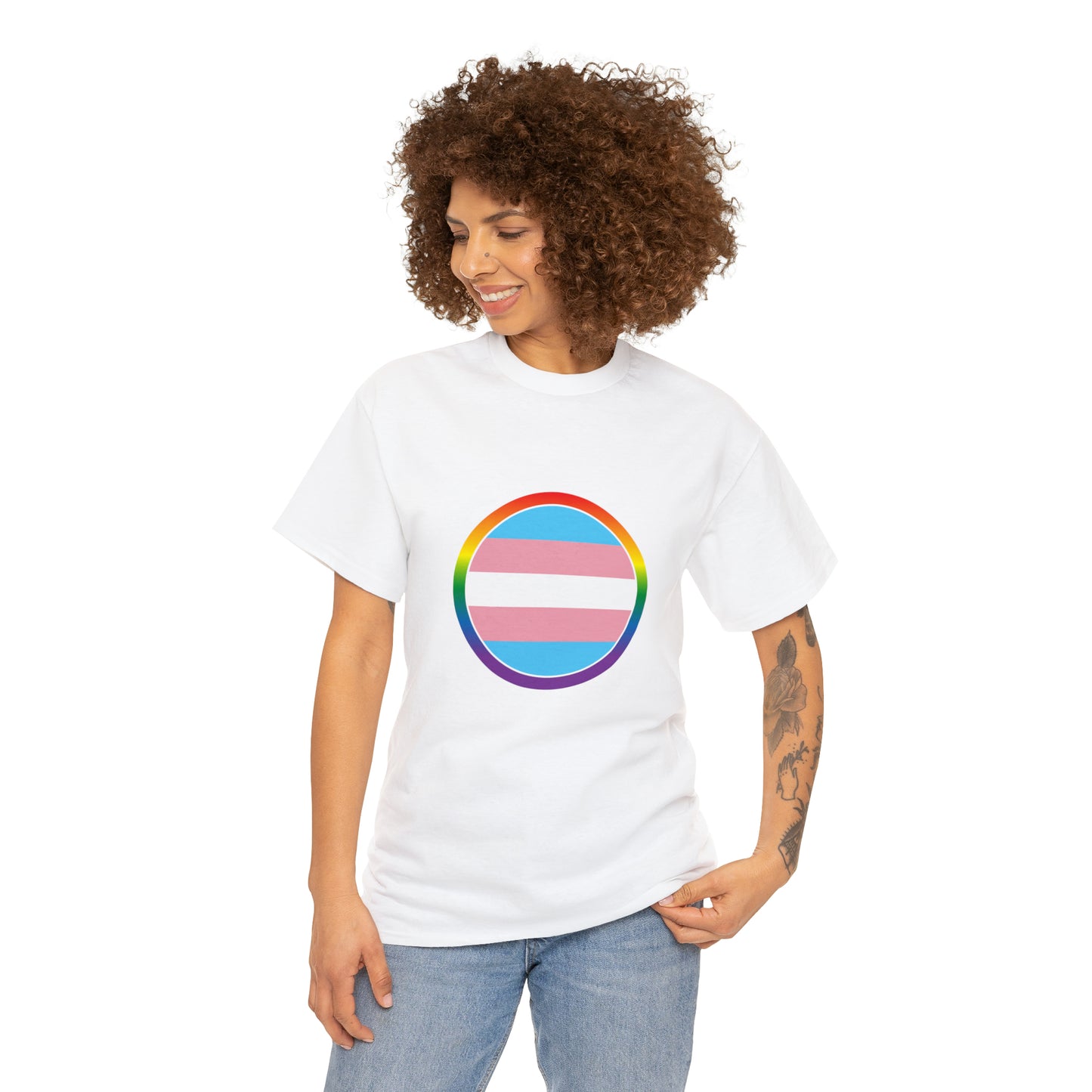 T-Shirt Gildan Rainbow Trans Flag Round Men Women Unisex Heavy Cotton Tee They Them