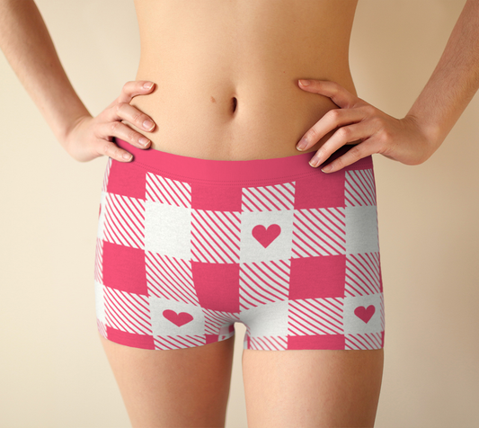 Boy Shorts Underwear Panties for Women Pink Plaid with Hearts